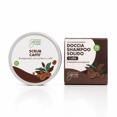 Barattolo di scrub corpo al caffè e zucchero accanto alla confezione del doccia shampoo solido al caffè